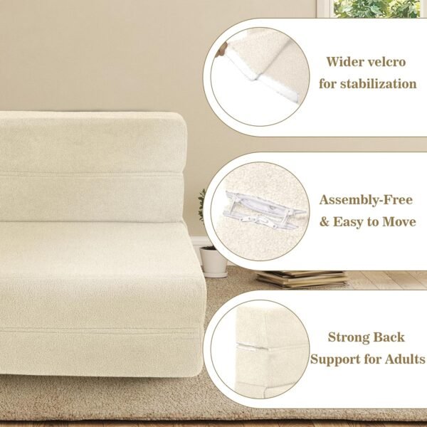 Folding Sofa Bed, Foldable Memory Foam Couch Floor Mattress Futon, Convertible Floor Sleeper Chair with Back Support for Living Room, Bedroom, Guest Room, Lambswool, Beige, Single - Image 5