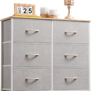 Somdot Dresser for Bedroom with 6 Drawers, 3-Tier Wide Storage Chest of Drawers with Removable Fabric Bins for Closet Nursery Bedside Living Room Laundry Entryway Hallway, Ash Grey