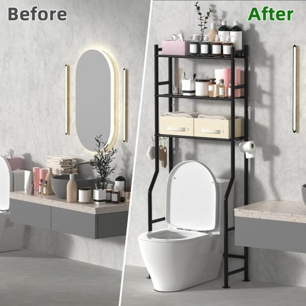 3 Tier Over The Toilet Storage Rack with 2 Basket, Metal Freestanding Bathroom Shelves Toilet with Paper Holder and 4 Hooks, Over Toilet Storage Shelf for Bathroom Storage, Black - Image 5