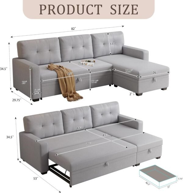 L-Shape Sleeper Sectional Sofa 82inch Convertible Lounge Pull Out Couch Bed with Storage Chaise and Tufted Linen Backrest for Home Living Room Apartment Dorm,Light Gray - Image 2