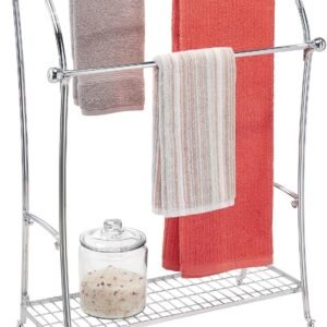 mDesign Large Standing Metal Bathroom Towel Holder Stand with Shelf – 3-Tier Towel Rack Stand for Hanging Bath, Hand, and Fingertip Towels – Towel Stand for Bathroom – Hyde Collection – Chrome