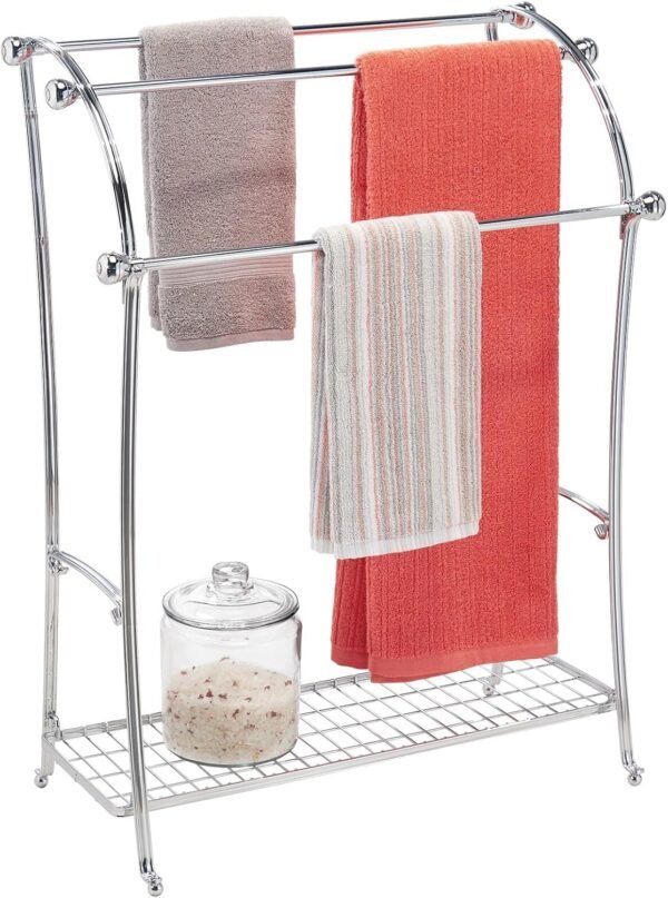 mDesign Large Standing Metal Bathroom Towel Holder Stand with Shelf - 3-Tier Towel Rack Stand for Hanging Bath, Hand, and Fingertip Towels - Towel Stand for Bathroom - Hyde Collection - Chrome