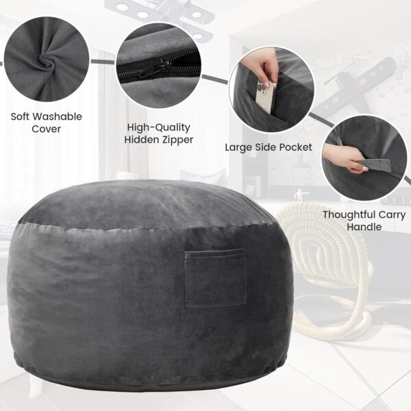Kromax 3.5 Foot Memory Foam Bean Bag Chair, for Adults, Teens, Kids, Washable Comfy Velvet Suede Cover, Ideal for Dorm, Bedroom, Living Room, Dark Gray - Image 5