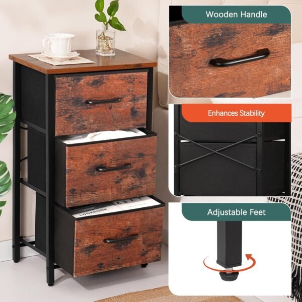 Yoobure Nightstand with 3 Fabric Drawers, Storage Drawers Small Dresser for Bedroom, Night Stands Bedside Tables Closet Drawers Dressers & Chests Organizer Unit Fabric Dresser for Hallway College Dorm - Image 4