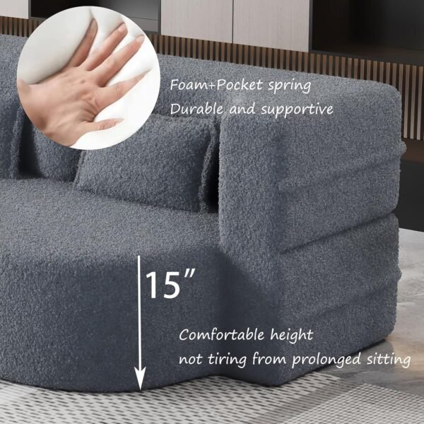 Folding Sofa Bed,15" Full Size Folding Mattress for Living Room,Convertible Teddy Fabric Foam-Filled Pocket Spring Sleeper Sofa Bed (Grey) - Image 5