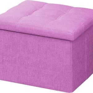 AmasSmile® Storage Ottoman Folding Foot Rest Stool, 17 inch Linen Footstool Bench, Short Ottoman Bench, Storage Foot Rest Store, Books, Pink