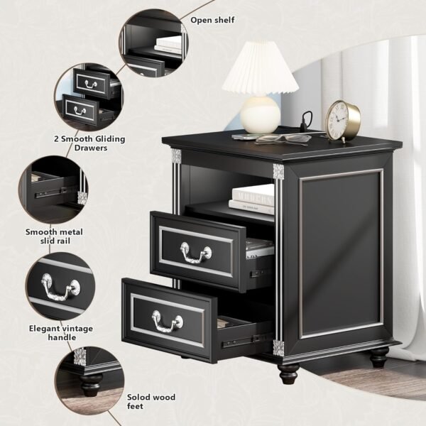 20 Inch Nightstand with Charging Station, End Table with 2 Drawers Storage, Side Table w/Open Shelf, Bedside Table for Bedroom, Living Room, Vintage Black - Image 6