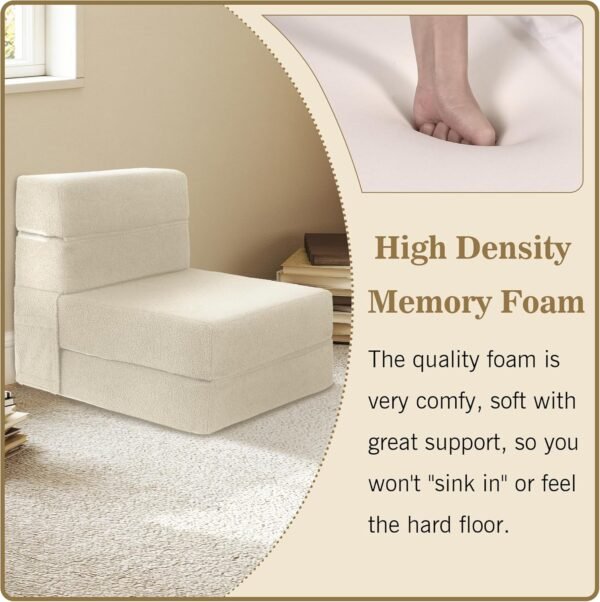 Folding Sofa Bed, Foldable Memory Foam Couch Floor Mattress Futon, Convertible Floor Sleeper Chair with Back Support for Living Room, Bedroom, Guest Room, Lambswool, Beige, Single - Image 6