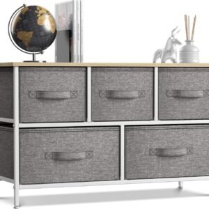 Sorbus Dresser with 5 Drawers – Storage Chest Organizer Unit with Steel Frame, Wood Top, Easy Pull Fabric Bins – Long Wide TV Stand for Bedroom Furniture, Hallway, Closet & Office Organization