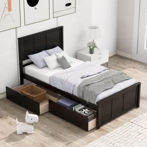 Harper & Bright Designs Twin Bed with Storage Drawers, Solid Wood Platform Bed Frame with Headboard – Espresso