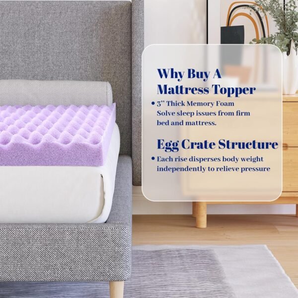 BlissTrends 3 Inch Memory Foam Mattress Topper Queen Size, Extra Thick Plush Mattress Pad, Gel Infusion, CertiPUR-US Certified Mattress Topper for College, Dorm, Bedroom - Purple - Image 3