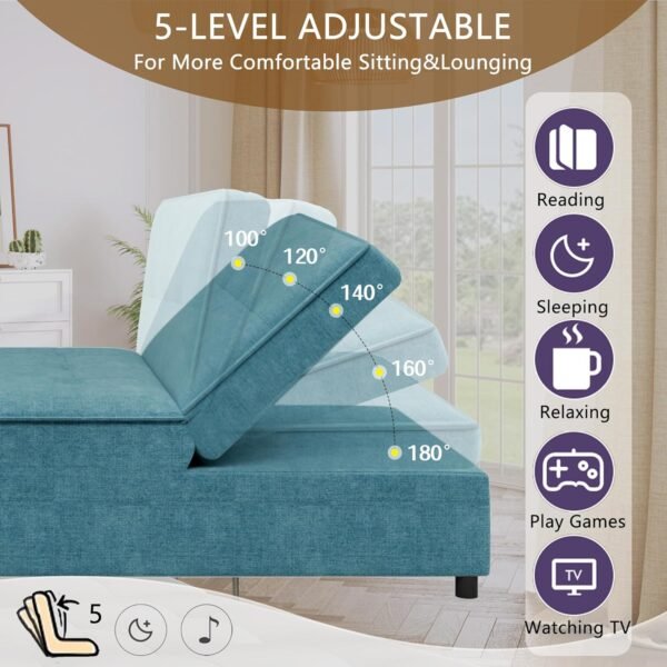 Convertible Sofa Chair Bed, 4-in-1 Armless Sleeper Folding Ottoman Sofa Bed with Adjustable Backrest, Pocket and USB Port for Small Room Apartment,Living Room,Bedroom (Teal) - Image 3