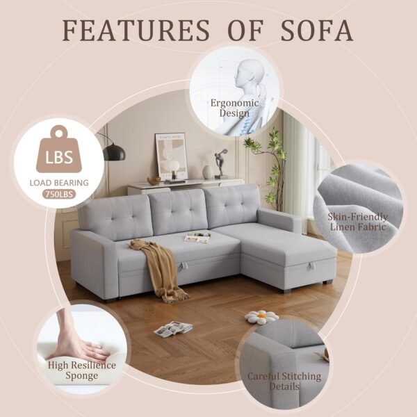 L-Shape Sleeper Sectional Sofa 82inch Convertible Lounge Pull Out Couch Bed with Storage Chaise and Tufted Linen Backrest for Home Living Room Apartment Dorm,Light Gray - Image 6