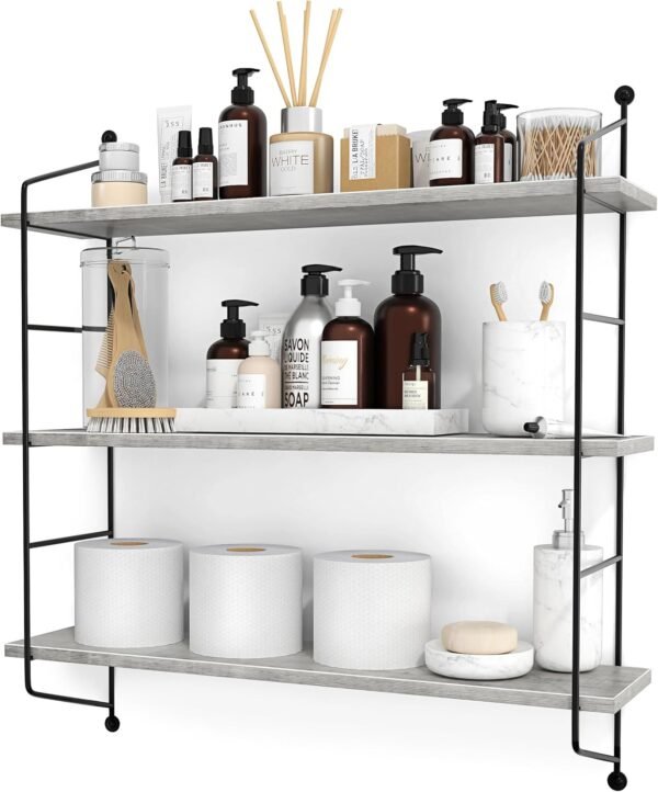 Sorbus® Floating Shelf with Metal Brackets — Wall Mounted Rustic Wood Wall Storage, Decorative Hanging Display for Trophy, Photo Frames, Collectibles, and Much More (3-Tier – Gray)