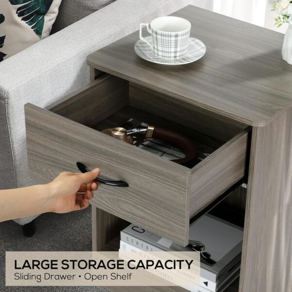 VOWNER 2 PCS Grey Nightstand with Drawer and Storage Shelf, Bedside Table End Tables, File Cabinet Storage with Sliding Drawers and Shelf for Bedroom - Image 4