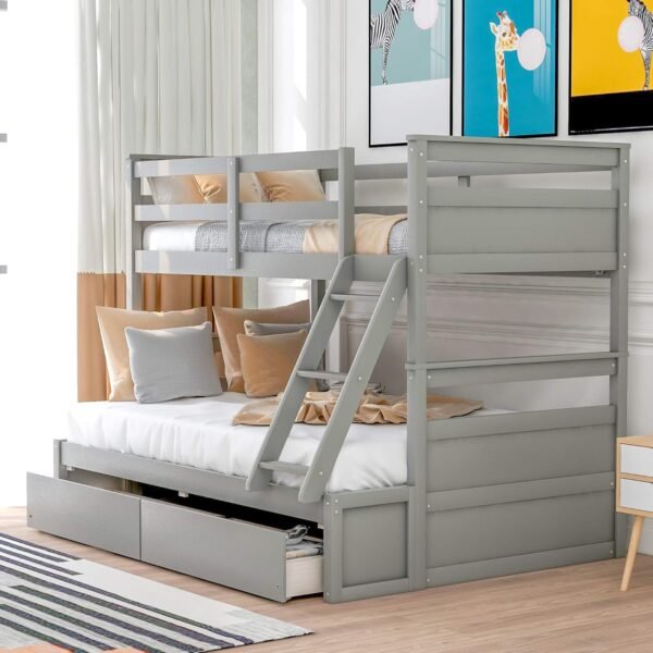 Merax Twin Over Full Bunk Bed, Wood Bunk Bed with Removable Ladders and Two Storage Drawers, Convertible into Two Individual Beds (Grey)