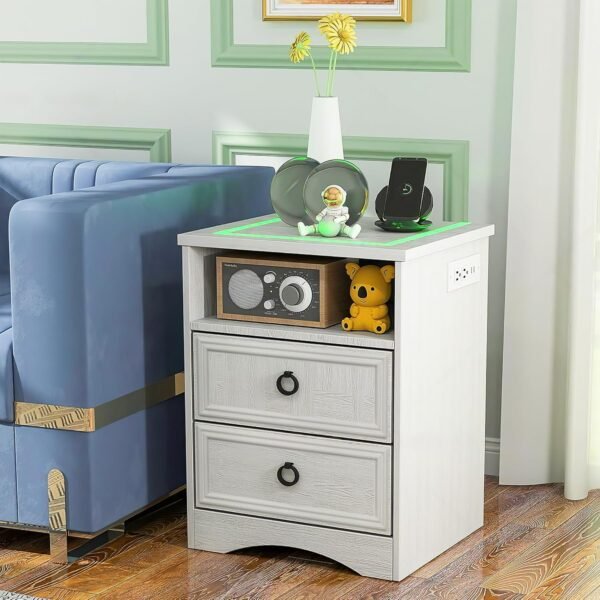 White Nightstand Set of 2 with Charging Station, Smart LED Night Stand Set 2 with 2 Storage Drawers, Farmhouse Wood Bed Side Table End Table with USB Ports and Outlets for Bedroom, Office - Image 8