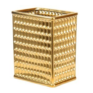 Ceramic Gold Square Trash can Waste Basket, Decorative Garbage Can for Bathroom, Bedroom, Home Office, Kitchen, Dorm, College (1.5 Gallon, Small, Open Top)