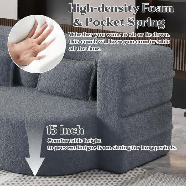 Full Size Folding Sofa Bed, Love Seat Sleeper Bed Floor Sofa Bed with 2 Pillows, Teddy Fabric Fold-Out Twin Sofa Cama & Bed Mattress for Living Room, Apartment, Guest Room, Grey - Image 4