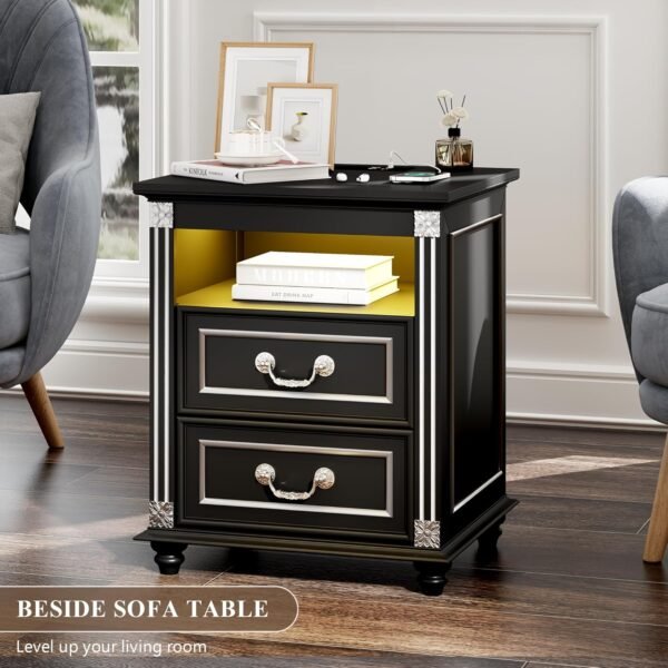 20 Inch Nightstand with Charging Station, End Table with 2 Drawers Storage, Side Table w/Open Shelf, Bedside Table for Bedroom, Living Room, Vintage Black - Image 4