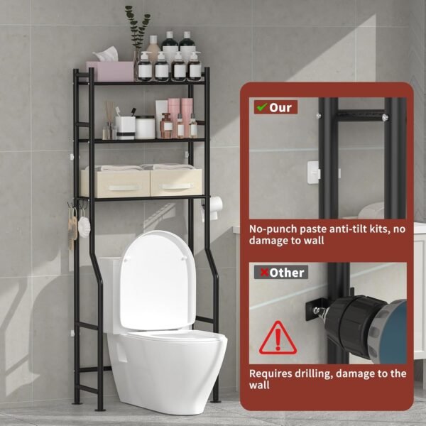 3 Tier Over The Toilet Storage Rack with 2 Basket, Metal Freestanding Bathroom Shelves Toilet with Paper Holder and 4 Hooks, Over Toilet Storage Shelf for Bathroom Storage, Black - Image 4