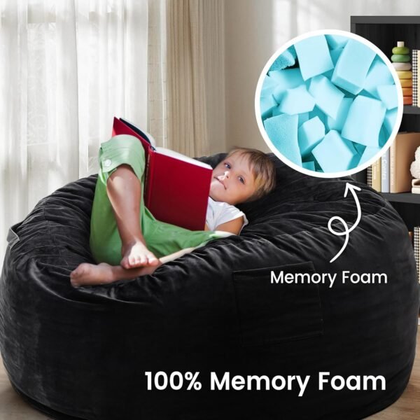 Kromax 3.5 Foot Memory Foam Bean Bag Chair, for Adults, Teens, Kids, Washable Comfy Velvet Suede Cover, Ideal for Dorm, Bedroom, Living Room, Black - Image 4