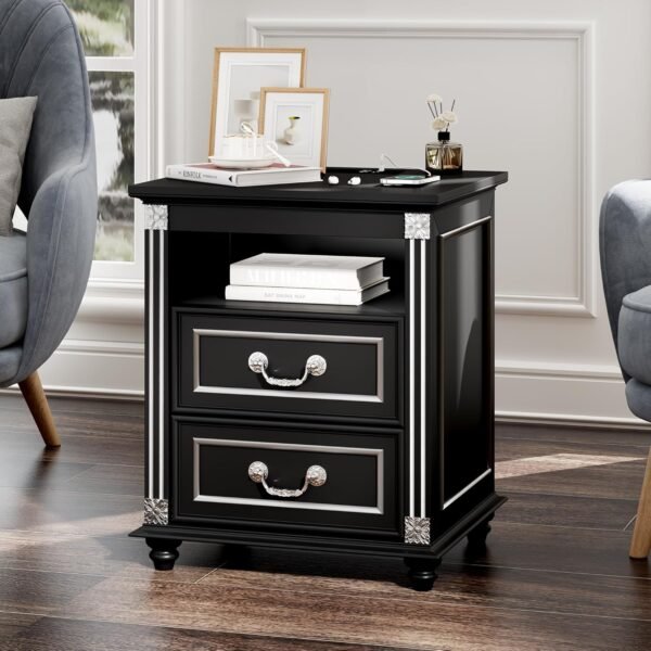 20 Inch Nightstand with Charging Station, End Table with 2 Drawers Storage, Side Table w/Open Shelf, Bedside Table for Bedroom, Living Room, Vintage Black - Image 7