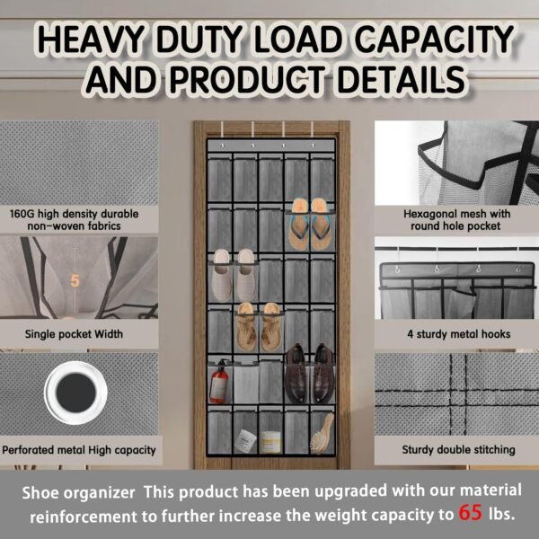 30 Compartment Breathable Mesh Pocket Over the Door Hanging Shoe Organizer, Closet Shoe Organizer, Large Men's and Women's Shoe Organizer, Hanging Over the Door Shoe Organizer (updated model-Gray) - Image 2