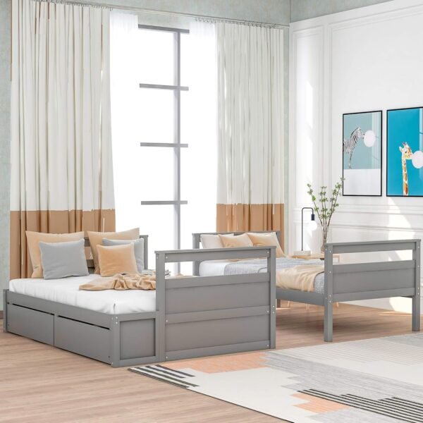 Merax Twin Over Full Bunk Bed, Wood Bunk Bed with Removable Ladders and Two Storage Drawers, Convertible into Two Individual Beds (Grey) - Image 6