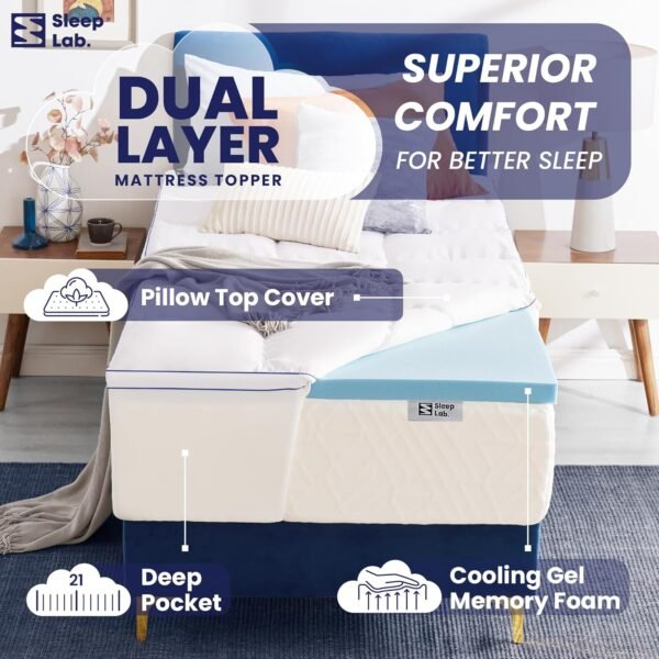 Sleep Lab Dual Layer 4 Inch Memory Foam Mattress Topper - Twin XL Mattress Topper - Cooling Mattress Topper for Back Pain - 2 Inch Cooling Gel Memory Foam, Medium Support + 2 Inch Pillow Top - Image 2