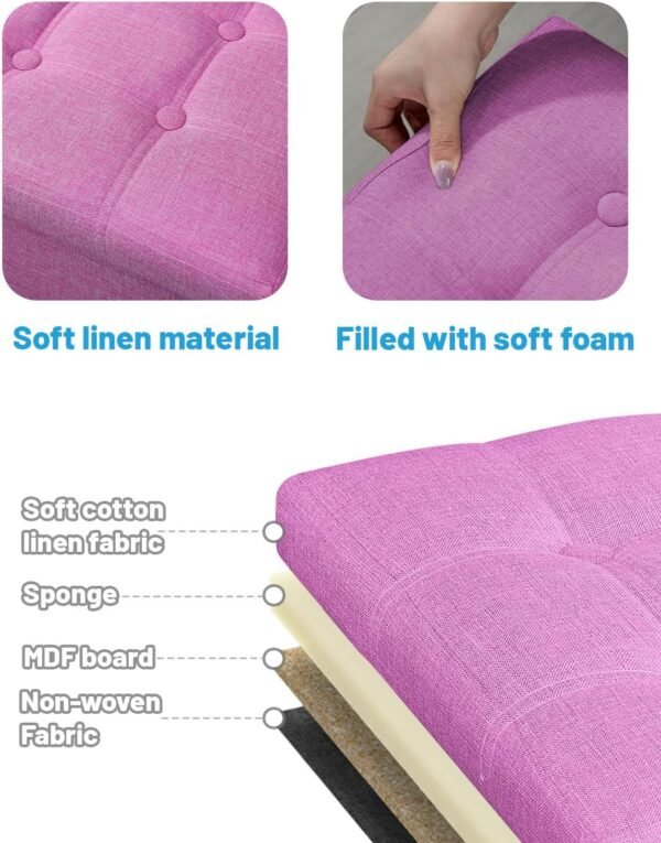 AmasSmile® Storage Ottoman Folding Foot Rest Stool, 17 inch Linen Footstool Bench, Short Ottoman Bench, Storage Foot Rest Store, Books, Pink - Image 5