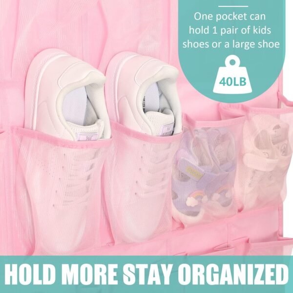 Over The Door Shoe Organizers Pink with 35 Mesh Pockets Baby Organizer Storage Hanging Shoe Organizer Shoe Holder Rack For Toddler Girl Room Baby Room Craft Room Bedroom Pantry Bathroom Closet - Image 3