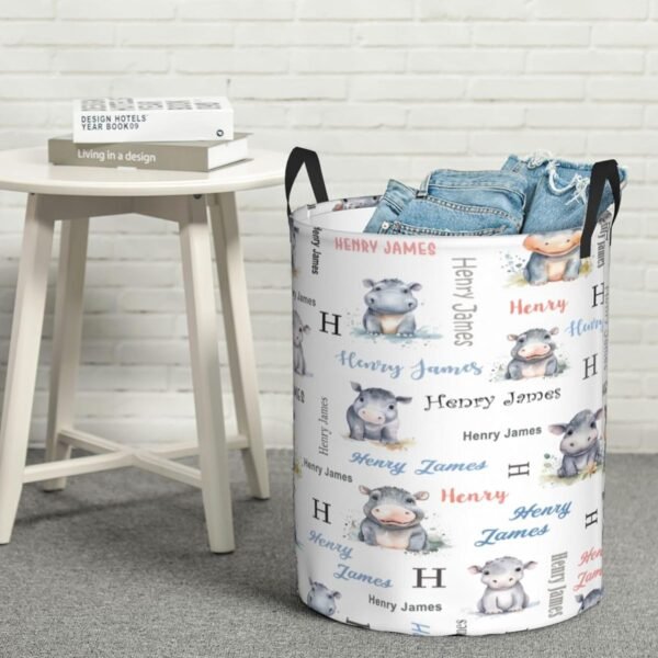Hippo Baby Hamper for Nursery Girl Personalized Baby Hamper Boy with Name Round Bin with Handles Kids Collapsible Storage Organizer Basket Custom Nursery Hampers Home Decor - Image 6