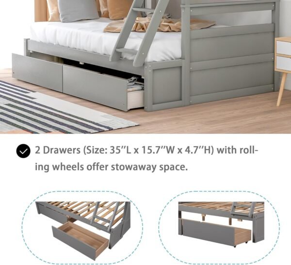 Merax Twin Over Full Bunk Bed, Wood Bunk Bed with Removable Ladders and Two Storage Drawers, Convertible into Two Individual Beds (Grey) - Image 4