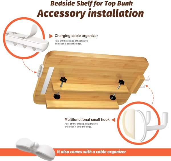 Bedside Shelf for Bunk Bed - Dorm Bed Shelf with Cup Holder, Night Light Socket, and Hook Versatile Bed Shelf for Dorm Room Essentials, Loft Nightstand, and Dorm Bed Storage Solution - Image 7