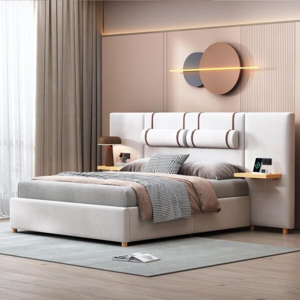 Ball & Cast Queen Upholstered Platform Bed with Oversized Soft Headboard,Wood Bedframe W/Integrated Storage Shelves,Power Outlet & USB Port on Both Sides,for Bedroom Guest Room Apartment,Beige Velvet - Image 3