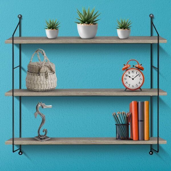 Sorbus® Floating Shelf with Metal Brackets — Wall Mounted Rustic Wood Wall Storage, Decorative Hanging Display for Trophy, Photo Frames, Collectibles, and Much More (3-Tier – Gray) - Image 5