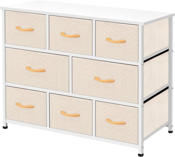 AZL1 Life Concept Extra Wide Organizer 8-Drawer Closet Shelves, Dressers Storage Chest for Bedroom, Living Room, Hallway & Nursery with Easy Pull Fabric Bins Wood Top, Ivory