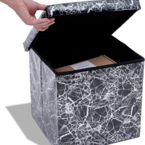 Dawhud Direct Footstool with Storage – Elegant Black Marble Look, 15x15x15 inches – Space-Saving Ottomans with Storage and Extra Seating – Ideal for Clothes, Living Room, Bedroom, Dorm