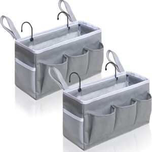 2pcs Bedside Caddy Storage Organizer, Hanging Bag Holder with Pockets for Bedroom, Loft Bed Tent, Bed Curtain, Top Bunk bed Shelf Accessories (Gray)