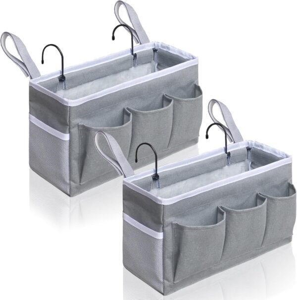 2pcs Bedside Caddy Storage Organizer, Hanging Bag Holder with Pockets for Bedroom, Loft Bed Tent, Bed Curtain, Top Bunk bed Shelf Accessories (Gray)
