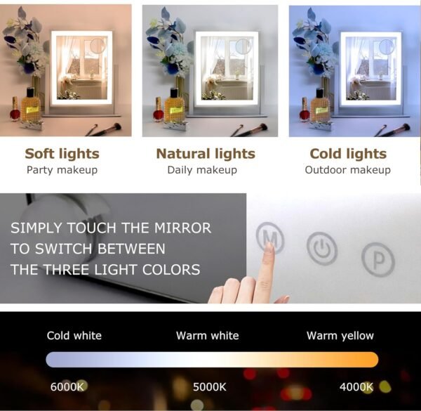 Paton Hollywood Vanity Mirror Makeup Mirror with Lights, 360° Rotation LED Lighted Vanity Mirror, 3 Color Lighting Modes, Vanity Mirror for Bedroom, Smart Touch Control, Tabletop Vanity Mirror, White - Image 3