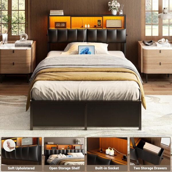 Unikito Upholstered Twin Headboard with Hidden Drawer Storage, Headboards for Twin Size with Power Outlet and LED Light, Twin Size Headboard Only, Sturdy and Stable Headboard for Collage Dorm, Black - Image 6