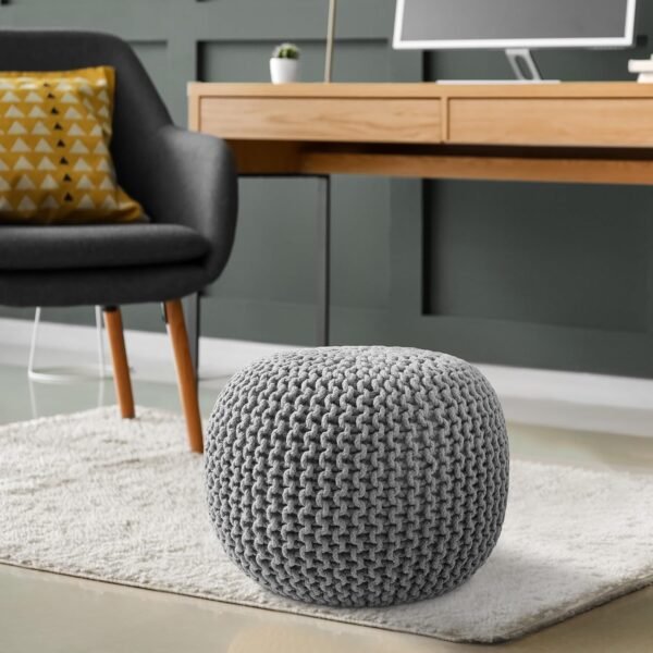 Casafield Round Pouf Ottoman, Light Gray - 20" Diameter x 14.5" High Cotton Knit Foot Stool - Boho Floor Pouffe for Living Room, Bedroom, Home Office - Image 2
