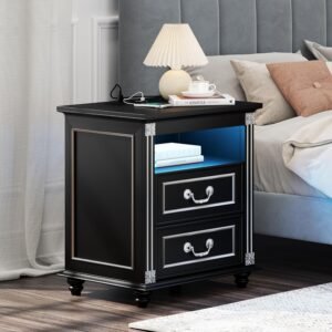 20 Inch Nightstand with Charging Station, End Table with 2 Drawers Storage, Side Table w/Open Shelf, Bedside Table for Bedroom, Living Room, Vintage Black