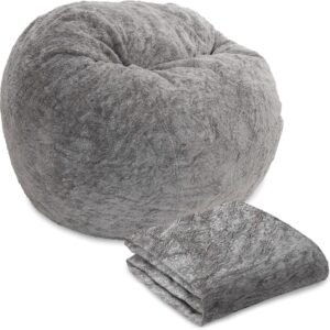 CordaRoy’s Faux Fur Bean Bag Cover (Bean Bag Sold Separately) – Cover for Convertible Bean Bag Chair & Bed – Machine-Washable Faux Fur Fabric – for Basement, Living Room – Full Size – Grey
