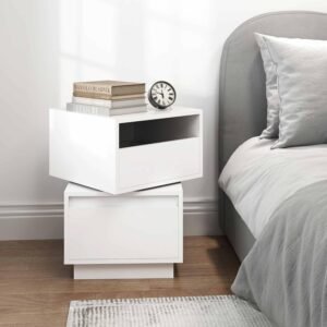 Rotatable Nightstand, Bedside Table with 2 Drawers, Wood End Side Table, Modern 2 Drawer Dresser for Bedroom, Closet, Entryway, College Dorm, White