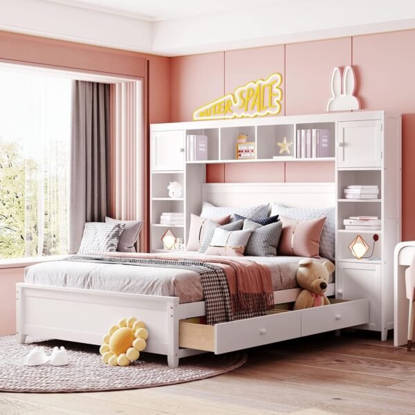 Ball & Cast Full Size Modern Large Platform Bed with All-in-One Cabinet & Shelf,Soild Wooden Bedframe W/ 4 Drawers,Flexible Storage,Space Saving,Easy Assembly,for Bedroom Guest Room Apartment,White