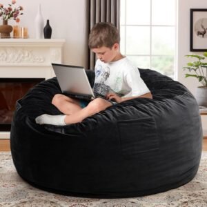 Kromax 3.5 Foot Memory Foam Bean Bag Chair, for Adults, Teens, Kids, Washable Comfy Velvet Suede Cover, Ideal for Dorm, Bedroom, Living Room, Black