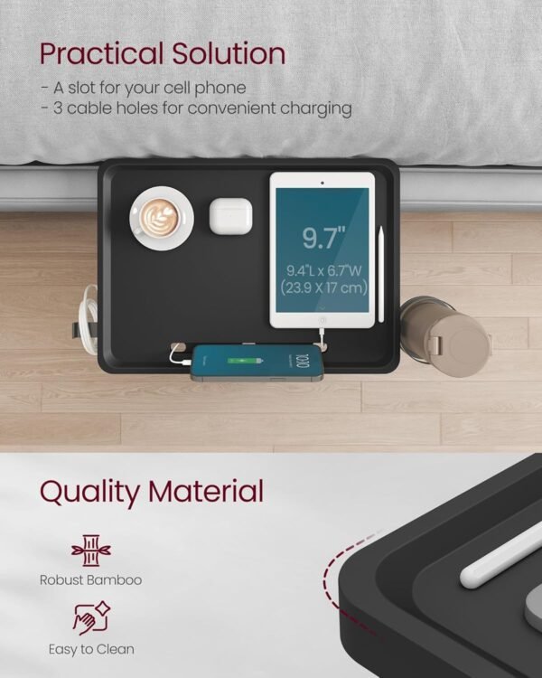 VASAGLE Bedside Shelf for Top Bunk, College Dorm Room Essentials Clip On Nightstand Bedside Storage with Phone Slot, Cup Holder, Hook, Clamps, Dormitory, Loft Accessories, Ink Black ULET301B01 - Image 4